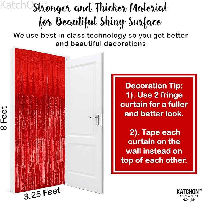 KatchOn, XtraLarge Red Streamers Backdrop - 3.2x8 Feet, Pack of 2 | Red Fringe Backdrop for Graduation Decorations 2026 | Foil Fringe for Birthday, Carnival, Casino Theme Party Decoration