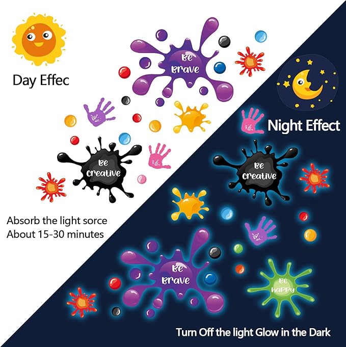 Glow in The Dark Inspirational Wall Decals Glowing Luminous Watercolour Motivational Lettering Wall Stickers Positive Saying Ink Splatter Splotches Decals for Kids Classroom Nursery Playroom Decor