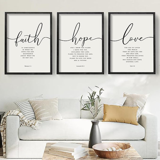 Houmury 3PCS Framed Faith Hope Love Bible Verses Wall Art Farmhouse Religious Quotes Wall Decor Inspirational Wall Art (Black, 16"x24")