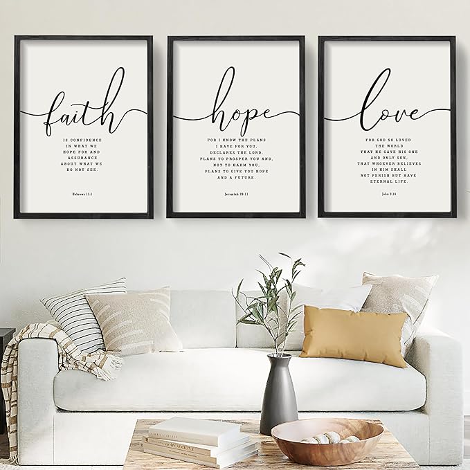 Houmury Set of 3 Framed Farmhouse Bible Verses Wall Decor Sign 11”x14” Christian Faith Scripture Wall Art for Home Living Room Bedroom Wall Decor (11"x14" Black)