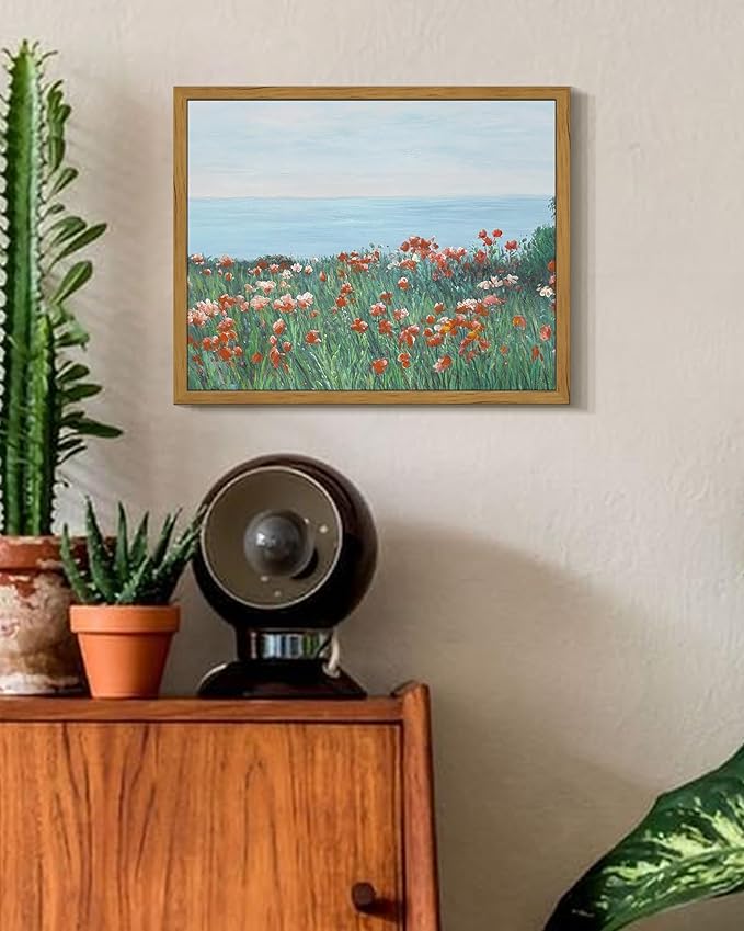 SHENIFY Vintage Framed Wall Art Coastal Wildflower Field Poppy Flower Landscape Scenery Home Decor Retro Decorations for Farmhouse Bedroom Ready to Hang Wall Artwork - 8x10in Natural Framed