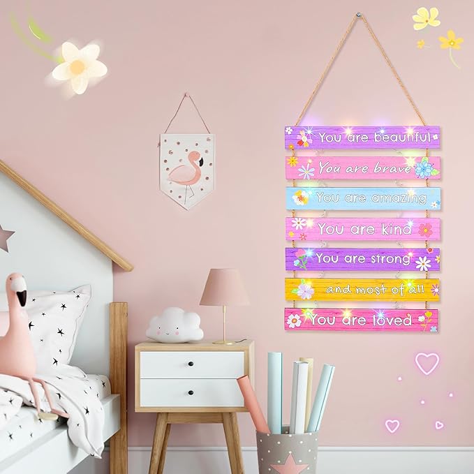 FIOBEE Girls Room Décor for Teen Girls Boys with LED Light Wall Decor for Bedroom Motivational Inspirational Wall Art Room Decoration for Kids Studyroom, 8 Kinds of Lights, Colorful Flower