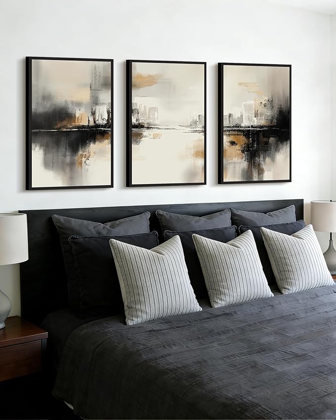 Drsoum Vintage Black Gray Abstract Wall Art Framed Brown Tan Neutral Prints Minimalist Modern Rustic Artwork Bedroom Living Room Ready to Hang 16x24in Black Framed