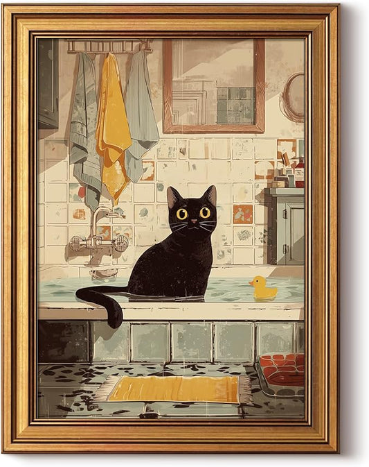 HUARCEY Gold Framed Canvas Wall Art, Bathroom Cat Vintage Decor, Bathroom Shelf Vintage Decor Aesthetic, Retro Decoration for Bathrooms Bedroom Living Room, 12x16Inch