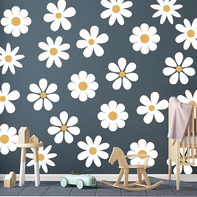 TaoBary 12 Sheet Daisy Wall Sticker Decal Removable Cute Daisy Bedroom Room Decor Flower Wall Sticker Pink White Flower Decal Wallpaper Peel and Stick for Nursery Home(White, Yellow,Novelty Style)