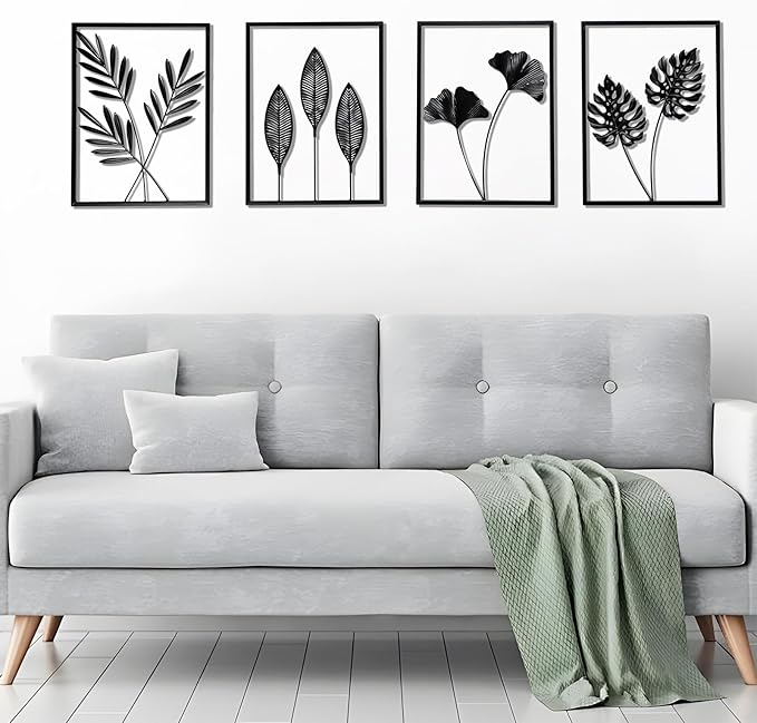QXSXKJ Black Metal Wall Decor Framed, Minimalist Abstract Black Line Art DéCor, 3d Modern Metal Wall Art, 4 Piece Home Art for Living Room Bedroom Bathroom