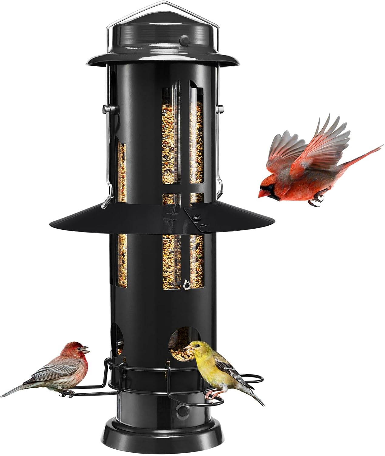 Kingsyard Squirrel Proof Bird Feeder with Removable Base, All Metal, Tube Bird Feeders for Outdoors Hanging, Easy to Clean & Refill, Black