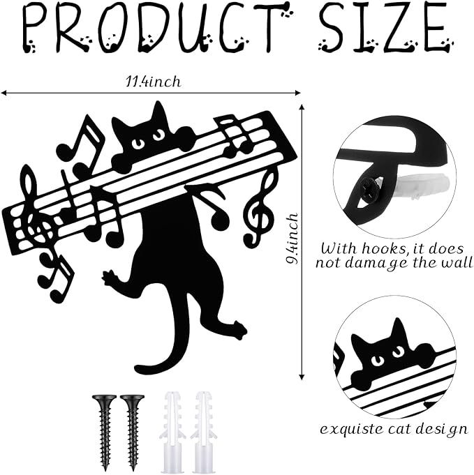 Otoolling Cat Playing Music Wall Decor Metal Black Cat Wall Art Hanging Signs Home Decor for Living Room Bedroom Bathroom Office Cats Lover Gifts(Cute,9.4 x 11.4 in)