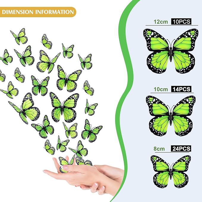 Chuangdi 48 Pcs Green Monarch Butterfly Decorations 3 Size Fake Butterflies Realistic Butterfly Craft Artificial Mariposas Wall Decor for Craft Wedding Home Birthday Party (3.2inch,4inch,4.7inch)