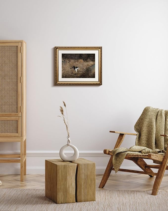 VIYYIEA Gold Framed Vintage Black Cat Holding A Bird Wall Art, Rustic Nature Scenery for Living Room Decor | No-Glass Design, Textured Canvas Finish | Elegant Home Office Wall Art, 13x16 Inch.