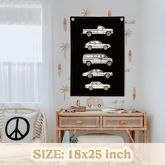 Toddler Room Decor,Vintage Car Linen Canvas Banner,Little Boy Room Wall Hanging Flag Banner for Little Boy Bedroom,Playroom Nursery 18x25 Inch(Black)