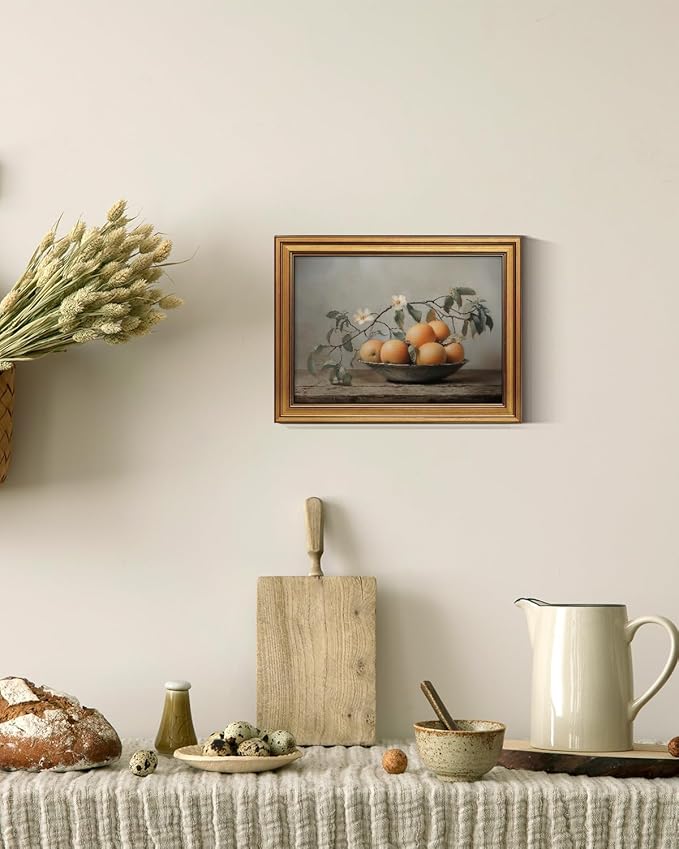 InSimSea Gold Framed Canvas Prints Wall Art, Vintage Kitchen Decor, Classical Oranges Still Life Paintings Farmhouse Wall Decor Aesthetic, Rustic Pictures for Bedroom Living Room Shelf, 12x16inch