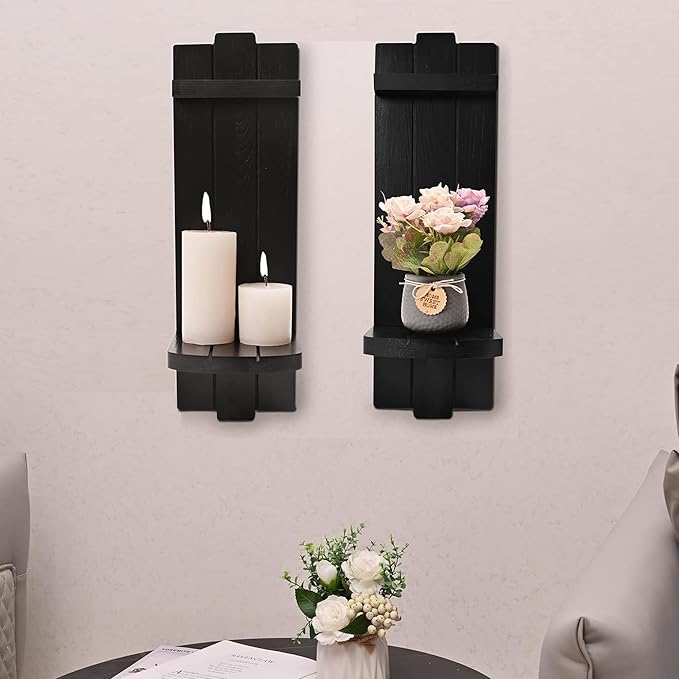 Sconces Set of 2, Rustic Home Decor, Farmhouse Wall Art Floating Candle Holder Shelf, Black Decorations for Living Room, Dining Room, Bedroom, Bathroom