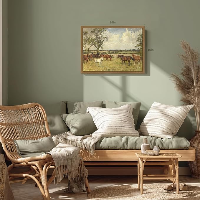 Clicyre Horse Pasture Wall Art, Vintage Country Canvas Print, Western Landscape Artwork, Peaceful Rustic Farmhouse Brown Horse Wall Decor for Living Room Bedroom Hallway Office Wood Framed 16x24 Inch