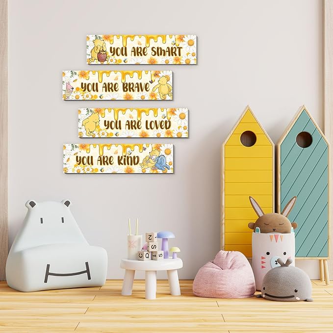 BirtDerr 4PCS Winnie Nursery Decorations-the Pooh Baby Stuff-Vintage Nursery Decor-Winnie Wall Decor Wall Art(Classic)