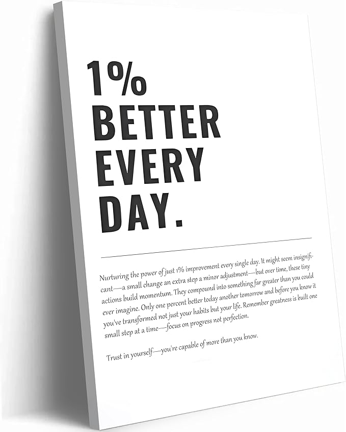 Framed 1% Better Every Day Motivational canvas Wall Art Inspirational Wall decoration pictures Growth Mindset Self Improvement Quote Poster Prints for Office Gym Classroom or Home Décor 16x24in
