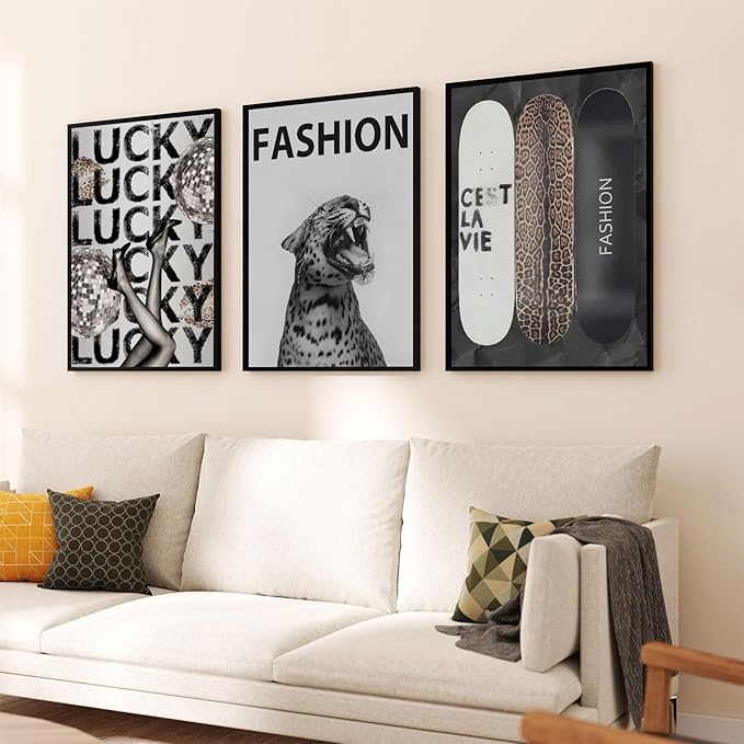 Trendy Leopard Wall Art Fashion Cheetah Lucky Skateboard Wall Decor Pictures Funky Vintage Preppy Luxury Aesthetic Posters Prints for Girly Bedroom Apartment Dorm Decoration Unframed 12x16in