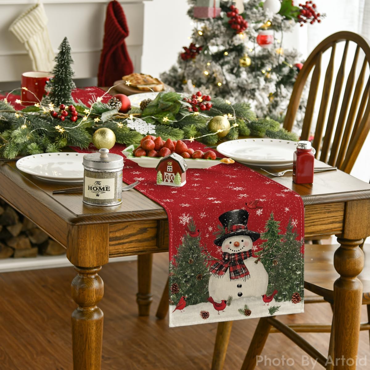 Artoid Mode Snowman Christmas Birds Trees Table Runner, Seasonal Winter Xmas Holiday Kitchen Dining Table Decoration for Home Party Decor 13 x 60 Inch
