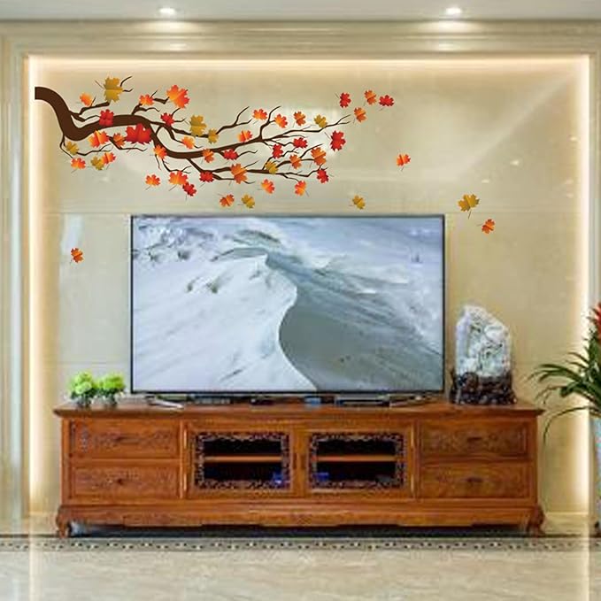 Autumn Maple Tree Wall Stickers, Chinese Style Autumn Fallen Leaves Wall Murals Peel and Stick 3D Wall Art Stickers Murals Home Decor for Girls Bedroom Nursery Rooms Living Room