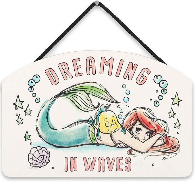 Disney The Little Mermaid Ariel Dreaming in Waves Hanging Wood Wall Decor - Fun Ariel Sign for Bedroom or Play Room
