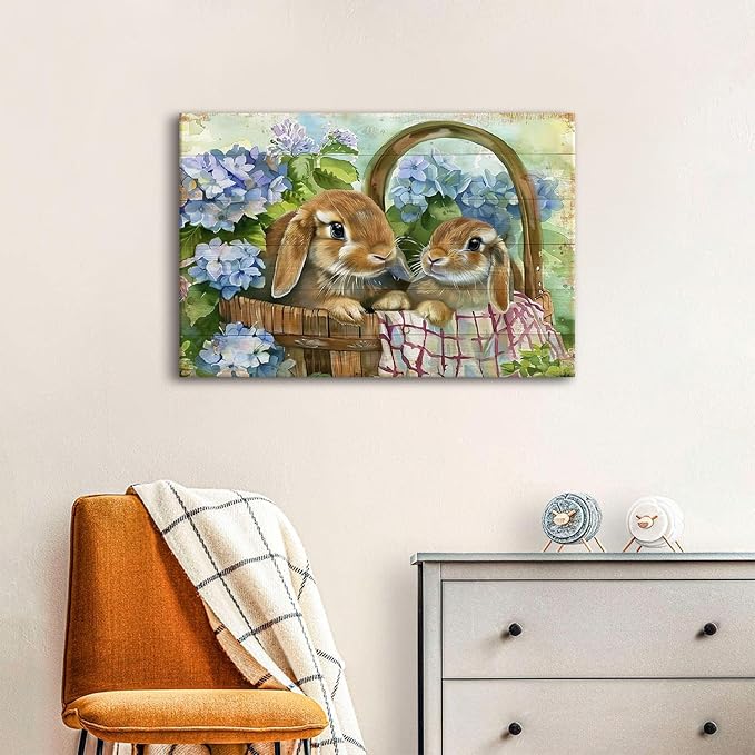 Farmhouse Bunny Wall Art Rabbit Pictures Easter Wall Decor for Bedroom Funny Bunny Canvas Painting Blue Flowers Poster Vintage Wood Grain Prints Artwork Kitchen Living Room Home Decoration 16x24"