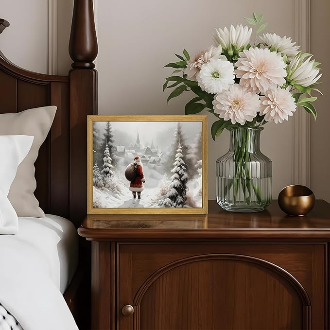 Vintage Christmas Canvas Wall Art, Wood Framed Santa Claus Wall Decor Painting, Rustic Farmhouse Winter Snow Scene Poster Print Picture 8x10 inch, Best Holiday Decor for Living Room Bedroom Home