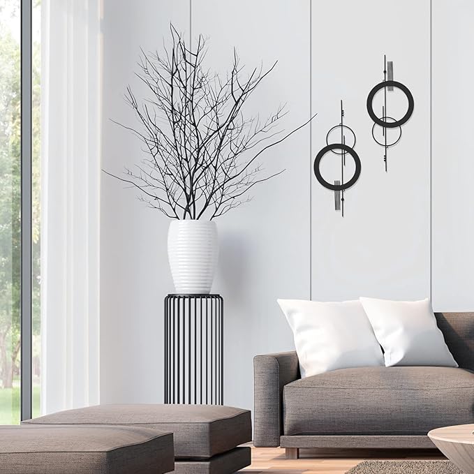 Peryiter 2 Pcs Small Metal Abstract Wall Art 15.7 Inch Black Metal Geometry Wall Decor Minimalist Single Line Art Vertical Sculptures Geometric Modern Hanging for Living Room Bathroom