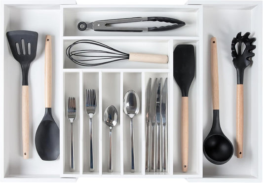 Premium Silverware, Flatware and Utensil Organizer for Kitchen Drawers, Food-Safe Contract Grade, Expandable from 14.5 to 25 In, White Bamboo