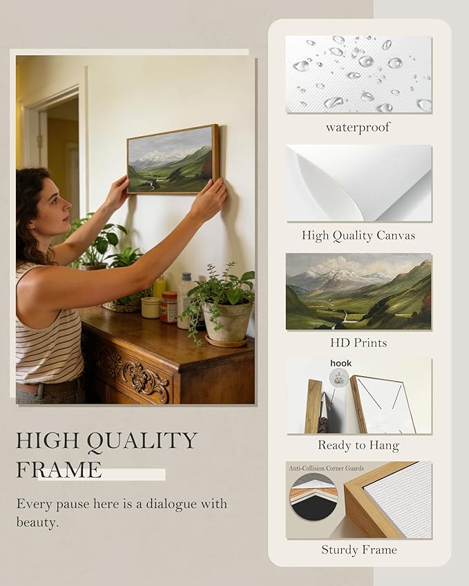 SHENIFY Vintage Framed Wall Art Mountain Range Valley River Landscape Painting Retro Meadow Scenery Farmhouse Kitchen Living Room Decor - 8x16in Natural Framed