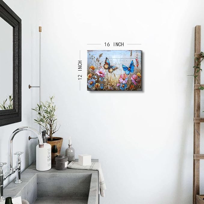 Butterfly Wall Art for Bathroom Abstract Flower Pictures Wall Decor Colorful Wildflower Canvas Prints Farmhouse Butterfly Botanical Art Wall Paintings for Bedroom Living Room Home Decoration 12x16"