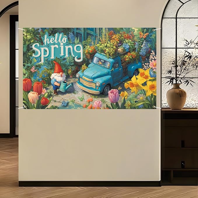 Hello Spring Backdrop 71'' x 43'' Hello Spring Banner Gnome Daisy Butterfly Backdrop Decorations for Photography Background Photo Prop Booth Party Decor
