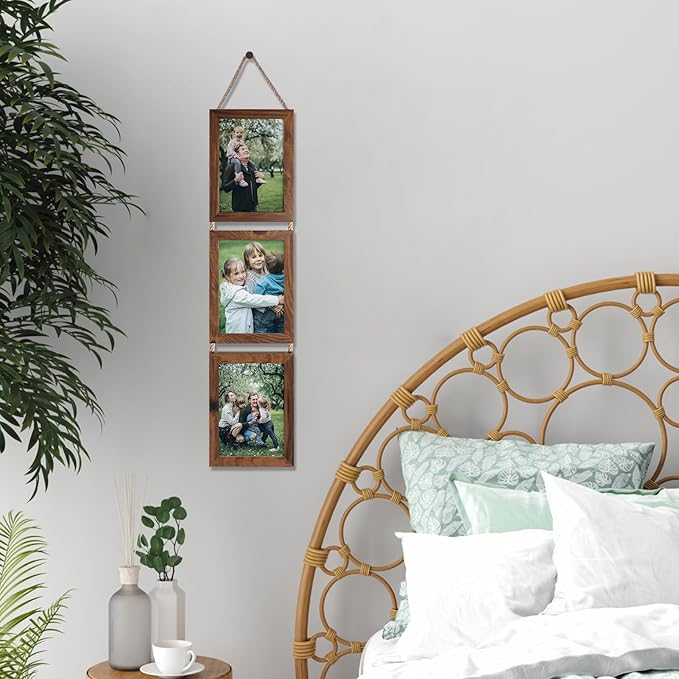 QUTREY 5x7 Collage Picture Frames, 6 Openings Hanging Photo Frame Set Display Vertical 5 by 7 inch Pictures for Wall Decor, Rustic Walnut Brown, 2 Pack