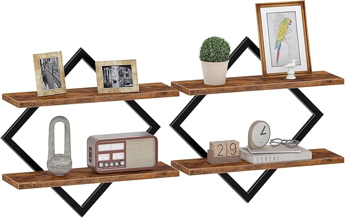 Floating Shelves, Set of 2 Wall Shelves, 2-Tier Hanging Shelves, Wall Shelf Set of 2, Wall Mounted Shelves, for Living Room, Bedroom, Kitchen, Office, Study, Rustic Brown TBJ01P2BF