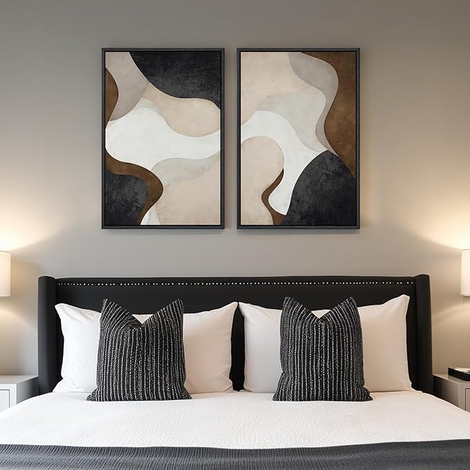 Framed Neutral Abstract Minimalist Wall Art Set of 2, Modern Canvas Prints Paintings Artwork for Walls, Black Beige Brown Abstract Art Pictures for Bedroom Living Room Dining Room Wall Decor 16x24 In