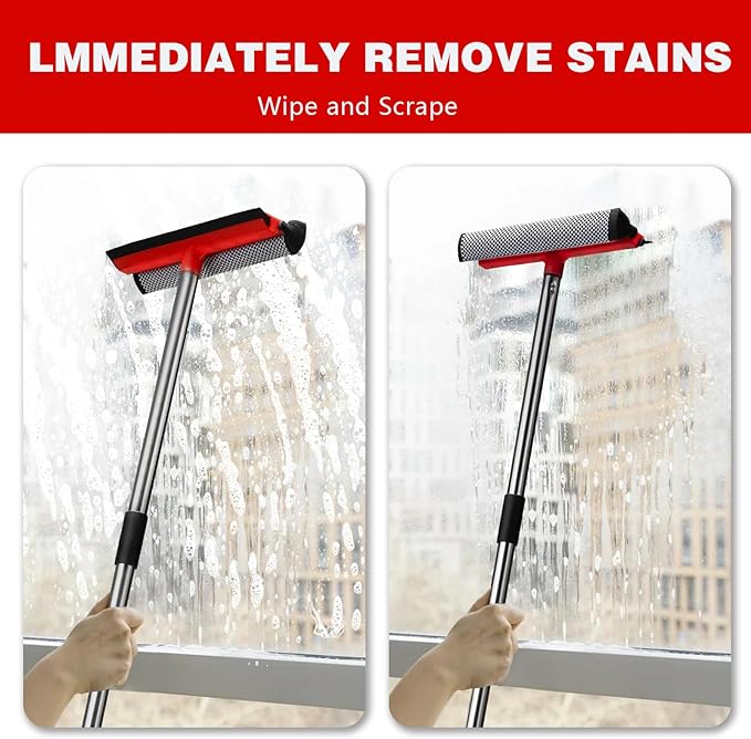 Window Squeegee with 59" Extension Poles, 10" Window Cleaner Tool, Window Washing Kit, Glass Door Cleaner, Multi-Use Car Cleaning Tool with Long Handle for Home High Outdoor Windows