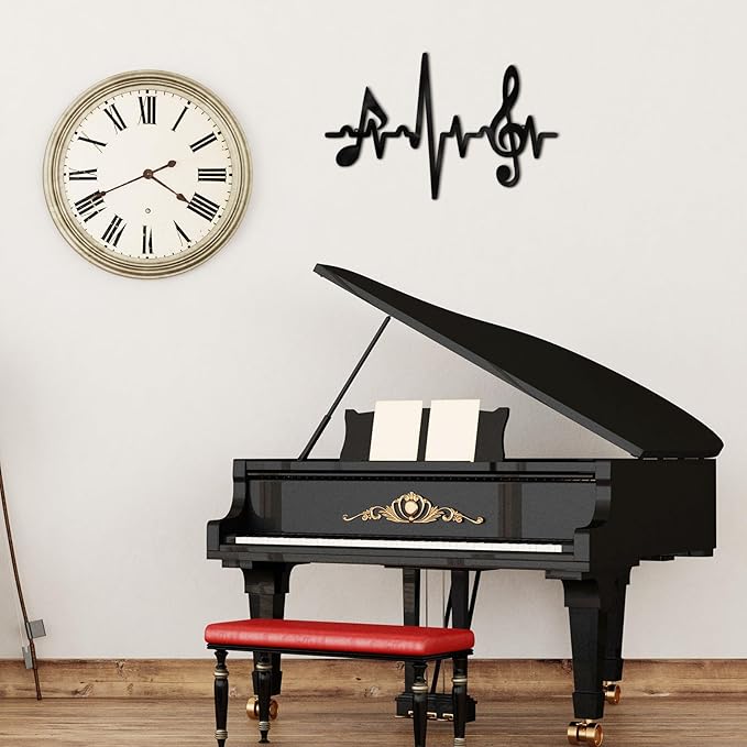 Blulu Metal Music Notes Wall Decor Sign Vintage Musical Heartbeat Wall Art Hanging Note Sign Treble Clef Decorations for Studio Bedroom Gallery Bar Birthday Party 15.75 x 9.04 Inches(Black)