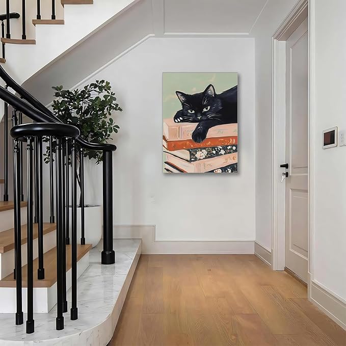 Framed Black Cat Canvas Wall Art, Funny Cat lying on a pile of books Painting, Abstract Animal Posters Prints Wall Decor for Living Room Bathroom Gallery Dining Room Decor 16x24 inch