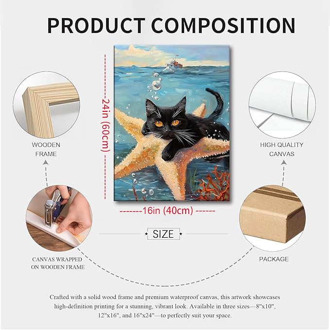 Yaneiro Funny cat canvas wall art, bathroom wall decor Starfish Cat A 16x24 inch Wrapped Canvas
