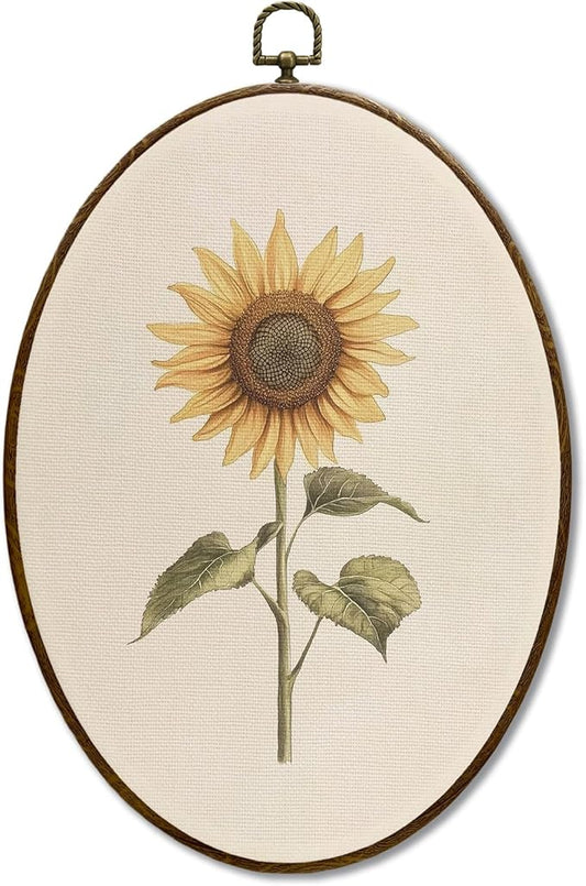 JQF Vintage Yellow Floral Oval Wall Decor, Rustic Farmhouse Flower Oval Canvas Wall Art, Neutral Cottagecore Botanical Floral Framed Prints Hanging Decor for Home Bedroom Living Room, 8.5x11.5 Inch