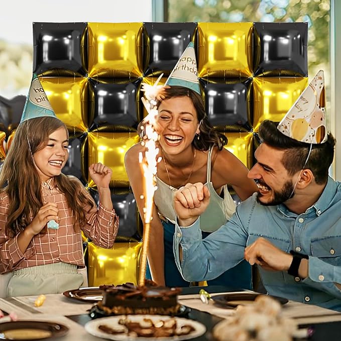 NISOCY 25PCS Black Gold Square Foil Balloons Wall Backdrop Double Sided Metallic Black Gold Balloons Arch Kit for 2026 New Year Graduation Anniversary Birthday Engagement Bridal Party Decorations