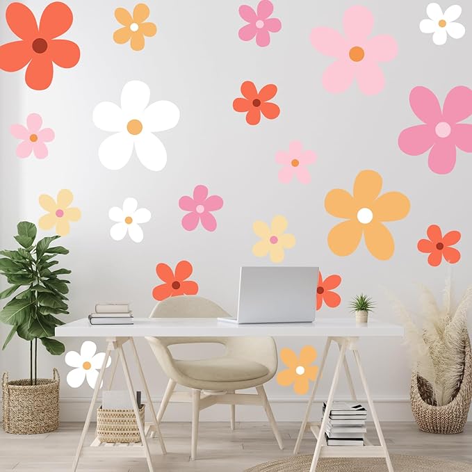 TaoBary 12 Sheet Daisy Wall Sticker Decal Removable Cute Daisy Bedroom Room Decor Flower Wall Sticker Pink White Flower Decal Wallpaper Peel and Stick for Nursery Home(Bright Color,Elegant Style)