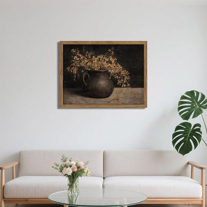 Vintage Dark Framed Wall Art, Farmhouse Floral Autumn Painting, Cottagecore Botanical Vase Wall Decor, Country Cottage Pictures Aesthetics Canvas Print for Living Room Bedroom – 12x16 inch