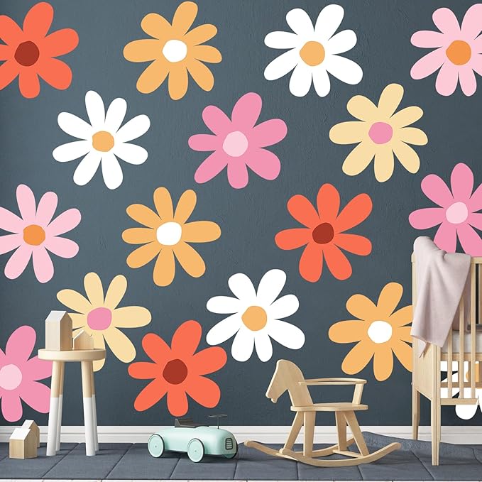 TaoBary 12 Sheet Daisy Wall Sticker Decal Removable Cute Daisy Bedroom Room Decor Flower Wall Sticker Pink White Flower Decal Wallpaper Peel and Stick for Nursery Home(Bright Color,Minimalist Style)