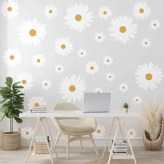 TaoBary 12 Sheet Daisy Wall Sticker Decal Removable Cute Daisy Bedroom Room Decor Flower Wall Sticker Pink White Flower Decal Wallpaper Peel and Stick for Nursery Home(White, Yellow,Multi Petal Style)