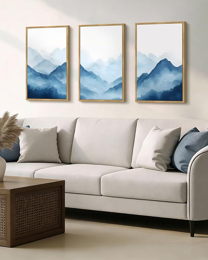 Drsoum Blue Fog Mountains Landscape Wall Art Framed Vintage Nature Misty Nordic Prints Ink Wash Watercolor Boho Farmhouse Rustic Artwork Hallway Bedroom Ready to Hang 16x24in Natural Framed