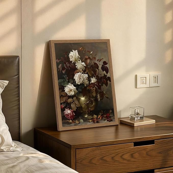 Framed Vintage Floral Large Wall Art，Rose Bouquet Flower Paintings Decor Aesthetic Canvas Print Artwork Still Life Retro Wall Pictures for Bedroom Living Room wooden frame 12x16in