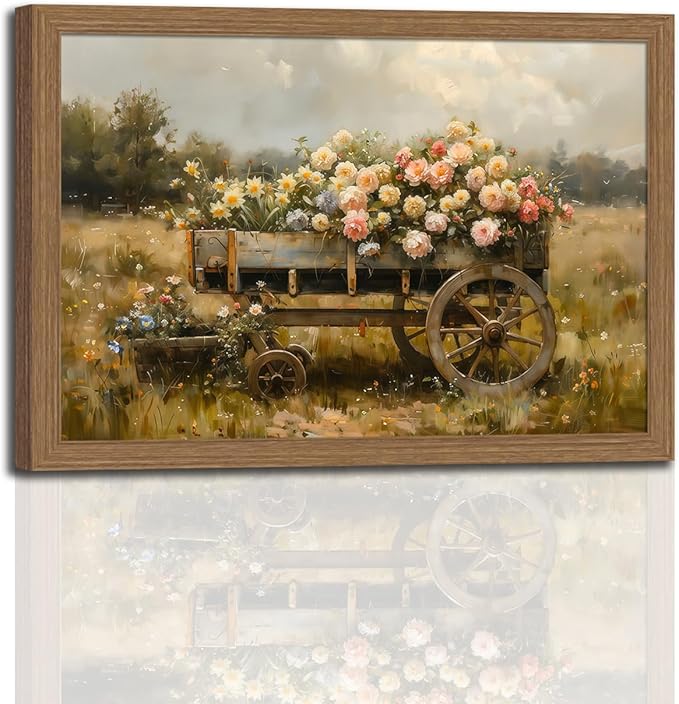 Framed Rustic Floral Wagon Canvas Wall Art Vintage Farm Cart Flower Painting Country Landscape Picture Print for Living Room Bedroom Farmhouse Decor12x16in