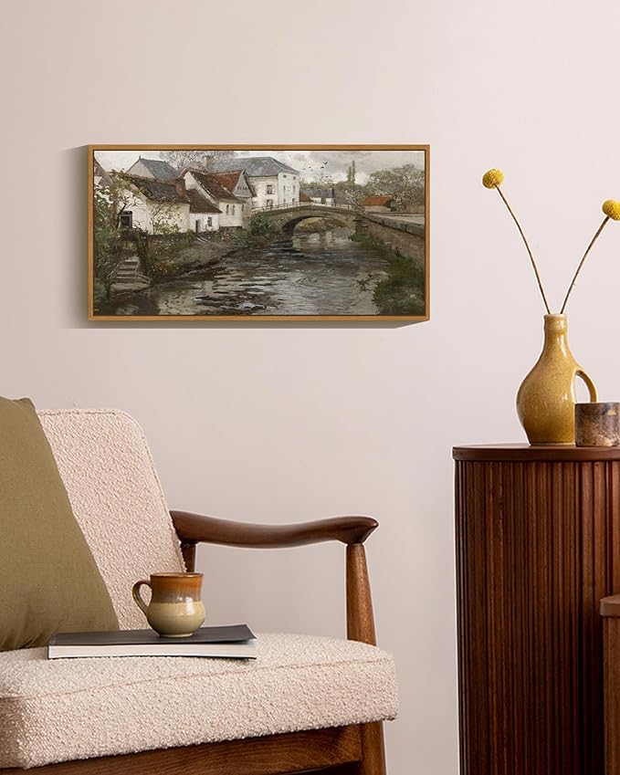 SHENIFY Vintage Framed Wall Art French Town Country Landscape Painting Retro Countryside River Scenery Farmhouse Kitchen Living Room Decor - 8x16in Natural Framed