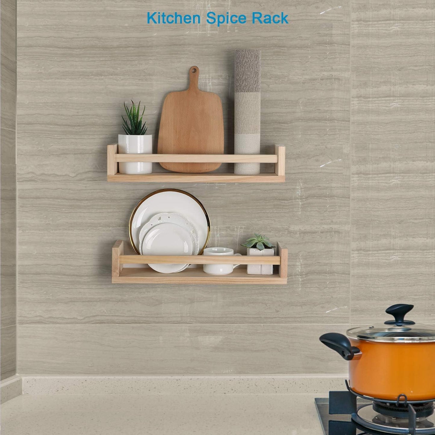Nursery Floating Book Shelves for Kids Room, Kitchen Spice Rack, or Rustic Wall Mounted Shelves for Farmhouse Bathroom Decor (Natural Wood),Set of 2