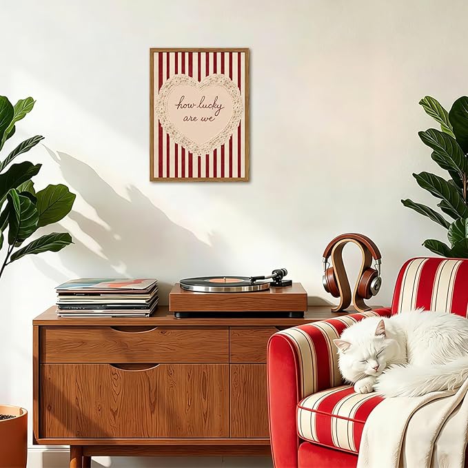 Framed How Lucky Are We Wall Art, Vintage Red Striped Pictures Wall Decor, Romantic Lace Heart Quote Paintings Canvas Prints Coquette Home Decor for Living Room Bedroom Bathroom 16x24 inch